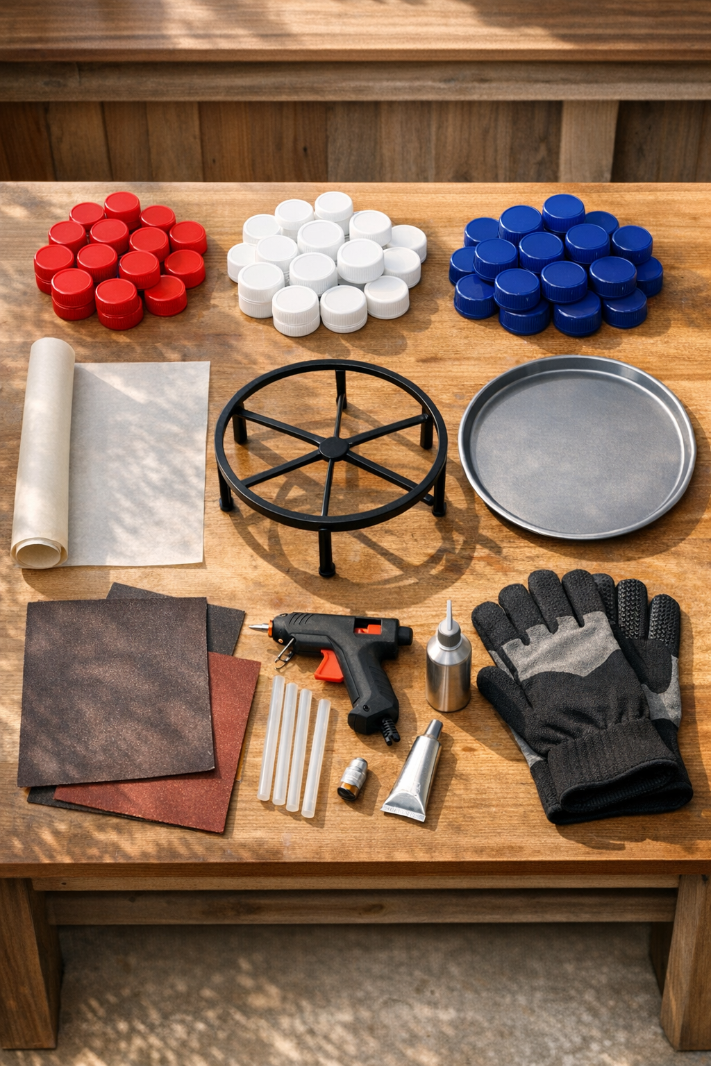 Red, white, and blue bottle caps and tabletop supplies laid out neatly