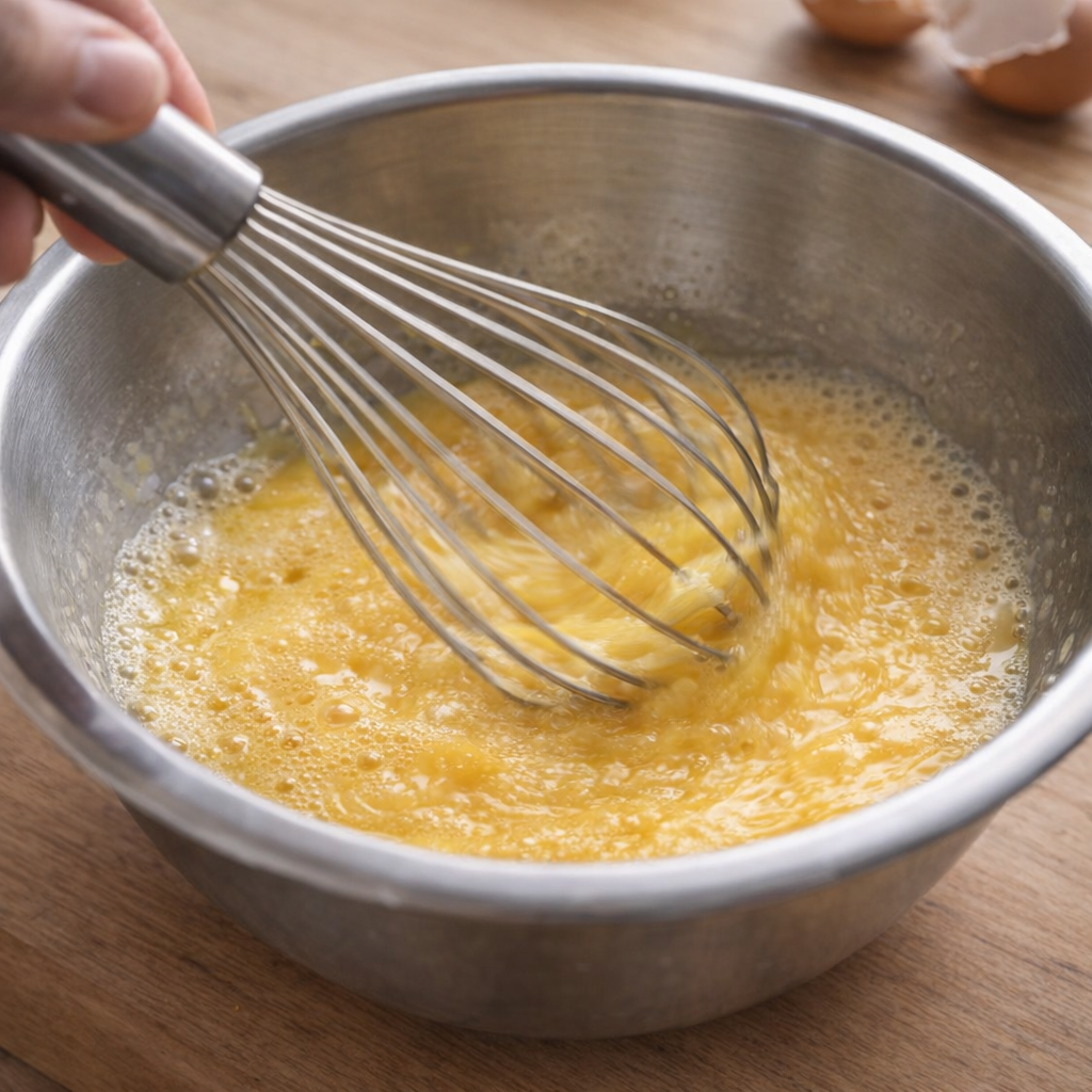 Eggs being whisked in a mixing bowl