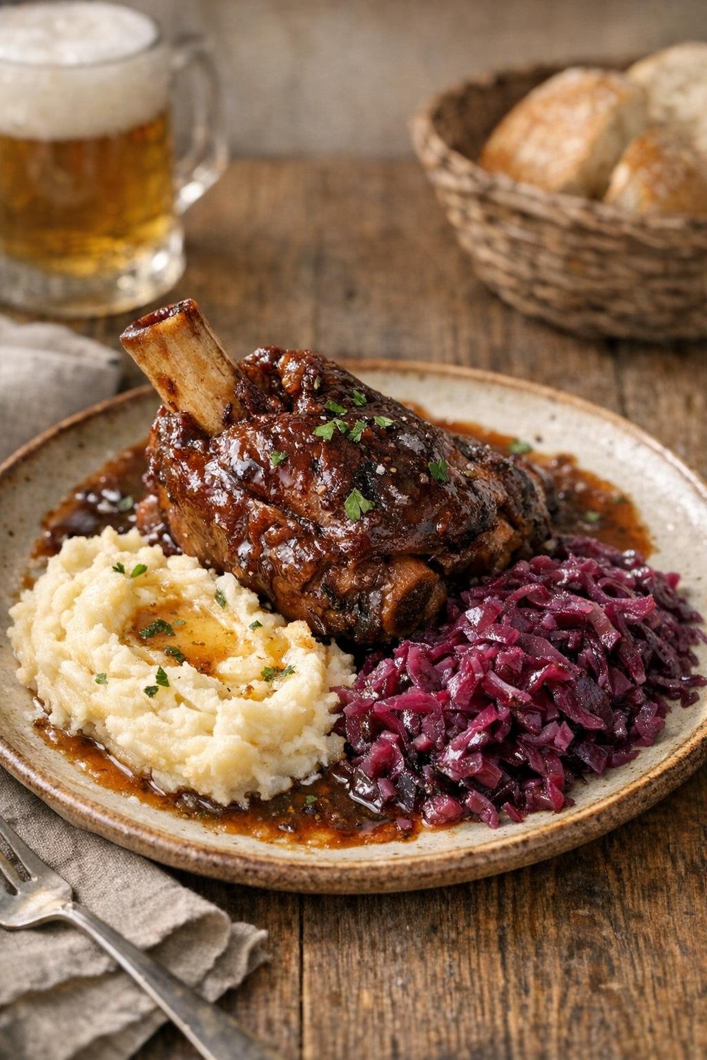 Plated pork shank dinner with comforting sides