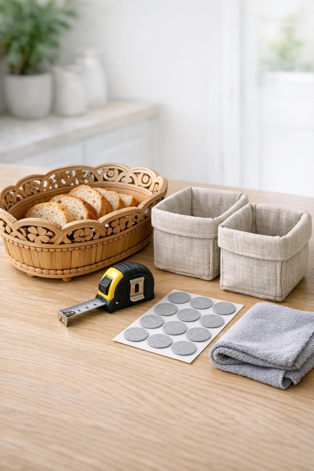 Materials for making a remote holder from a wooden bread basket and small linen bins