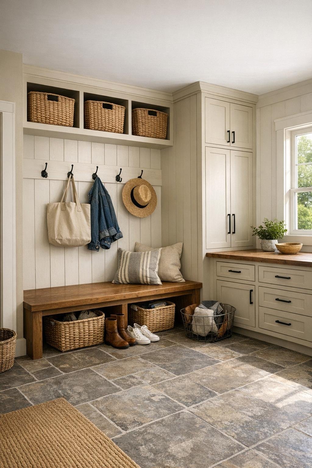 Practical farmhouse mudroom with built-in bench seating, paneled walls, hooks, and soft neutral storage