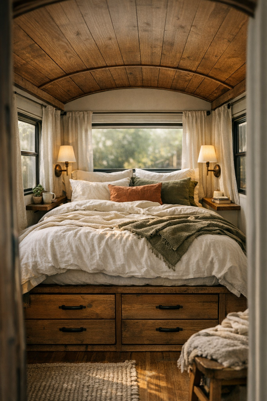 Serene bus bedroom with raised platform bed, linen bedding, and warm wood ceiling