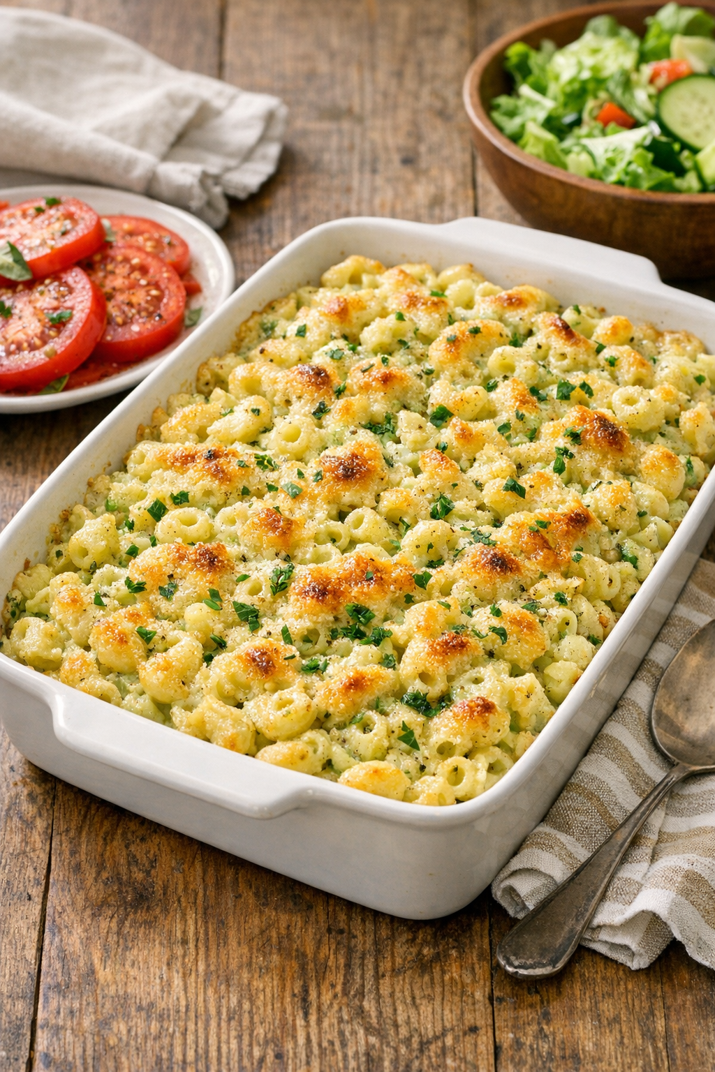 Finished baked avocado ranch macaroni in a rustic baking dish