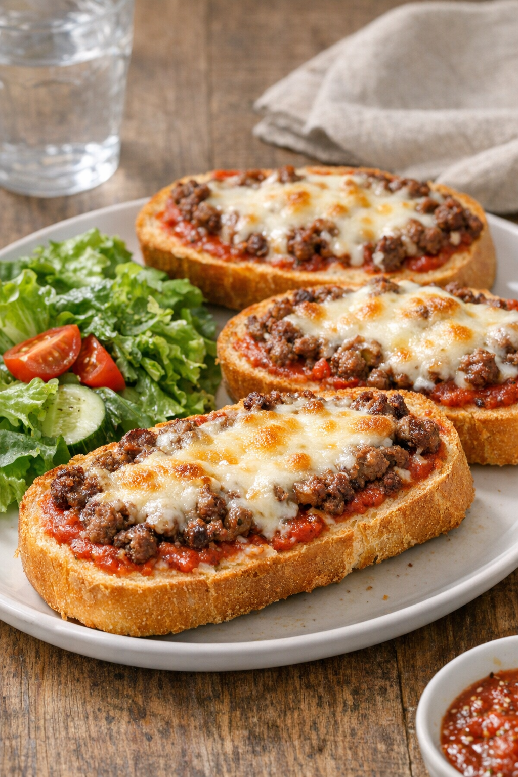 Final plated beef french bread pizzas with simple sides