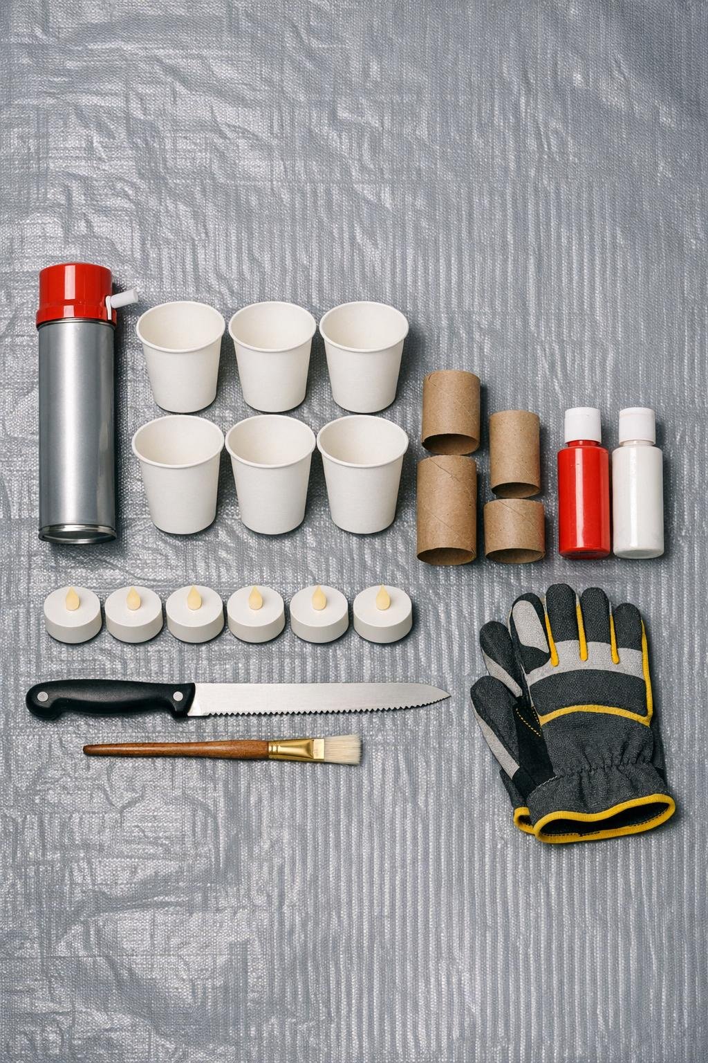 Materials for making glowing toadstool lanterns laid out together