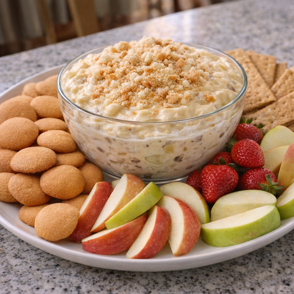 Banana pudding dip served with cookies and fruit for dipping