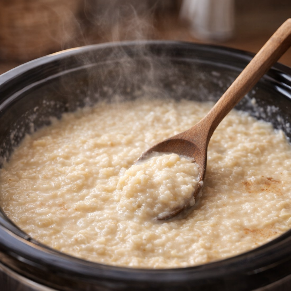 De rijstpudding is klaar en staat te rusten in de slowcooker.