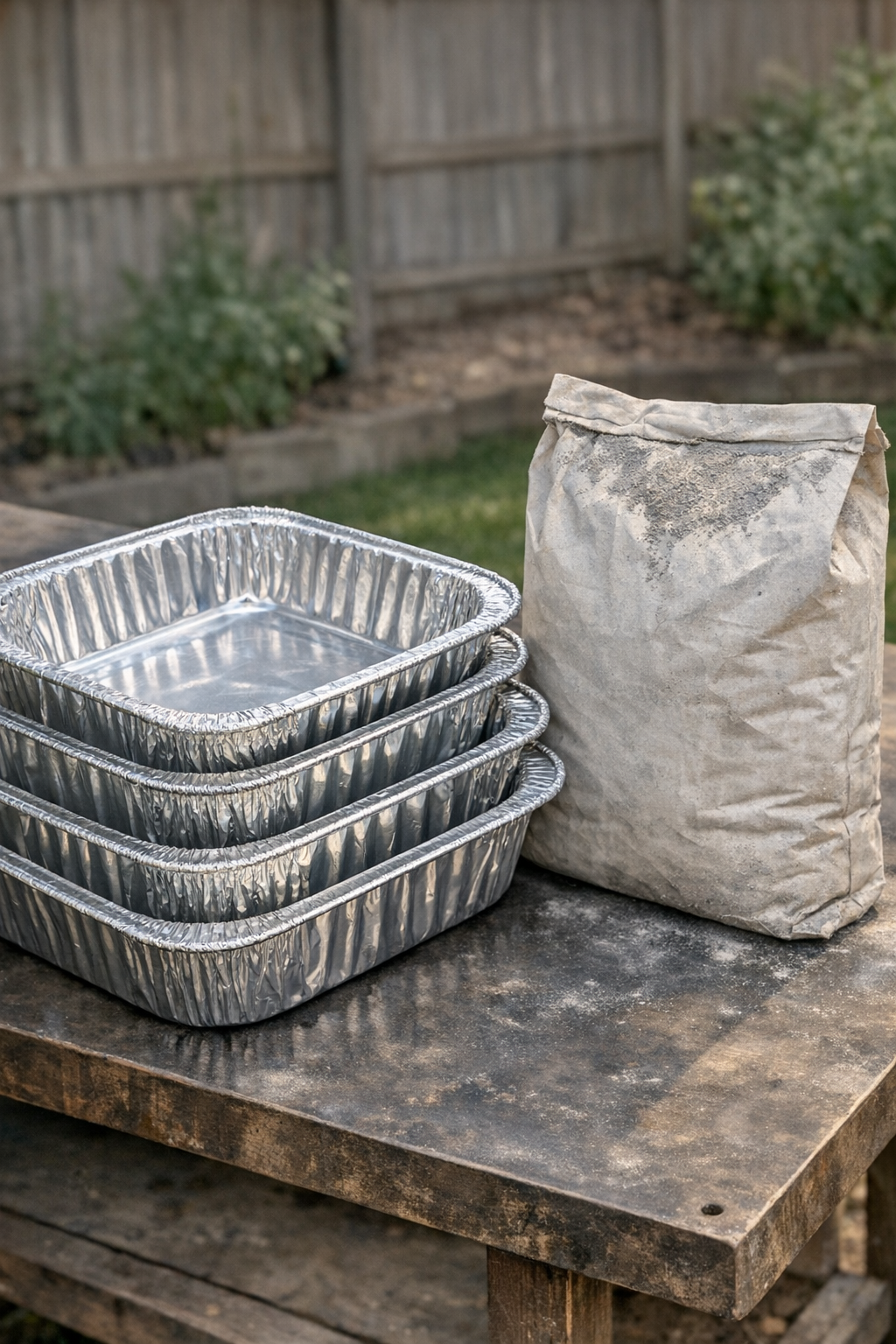 Foil roasting pans and dry cement mix laid out for the project