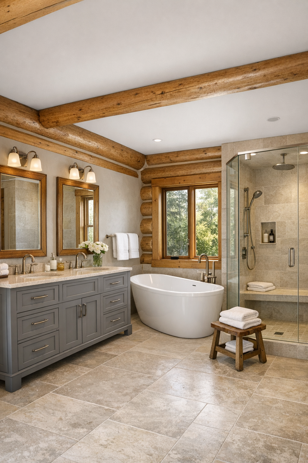 Bathroom with warm wood accents, pale stone tile, and a freestanding tub