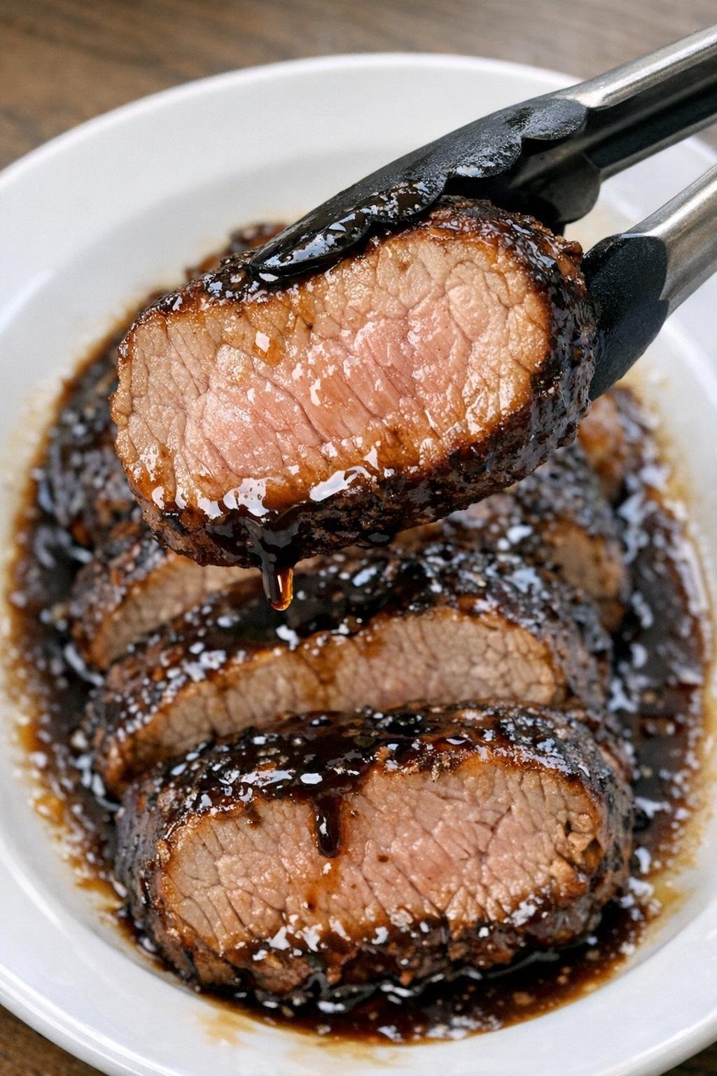 Slow cooker honey balsamic pork tenderloin on a white platter