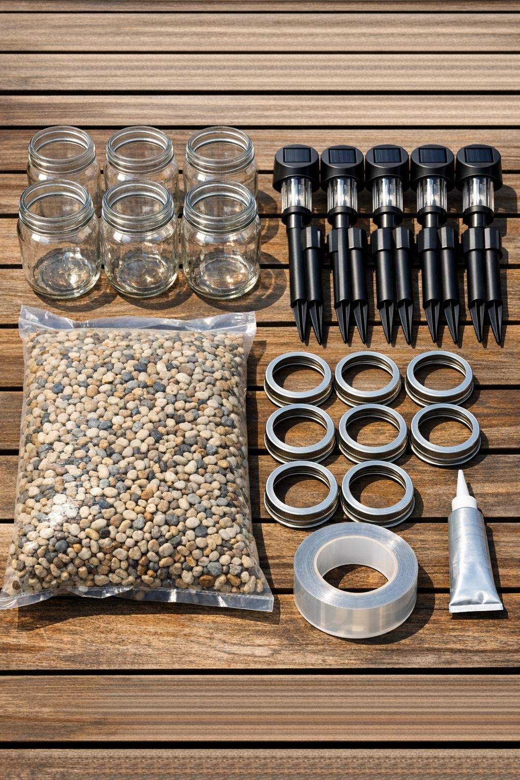 Materials for DIY garden pathway lights laid out together