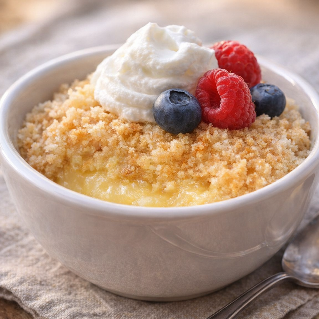 Serving of lemon sponge pudding topped with berries