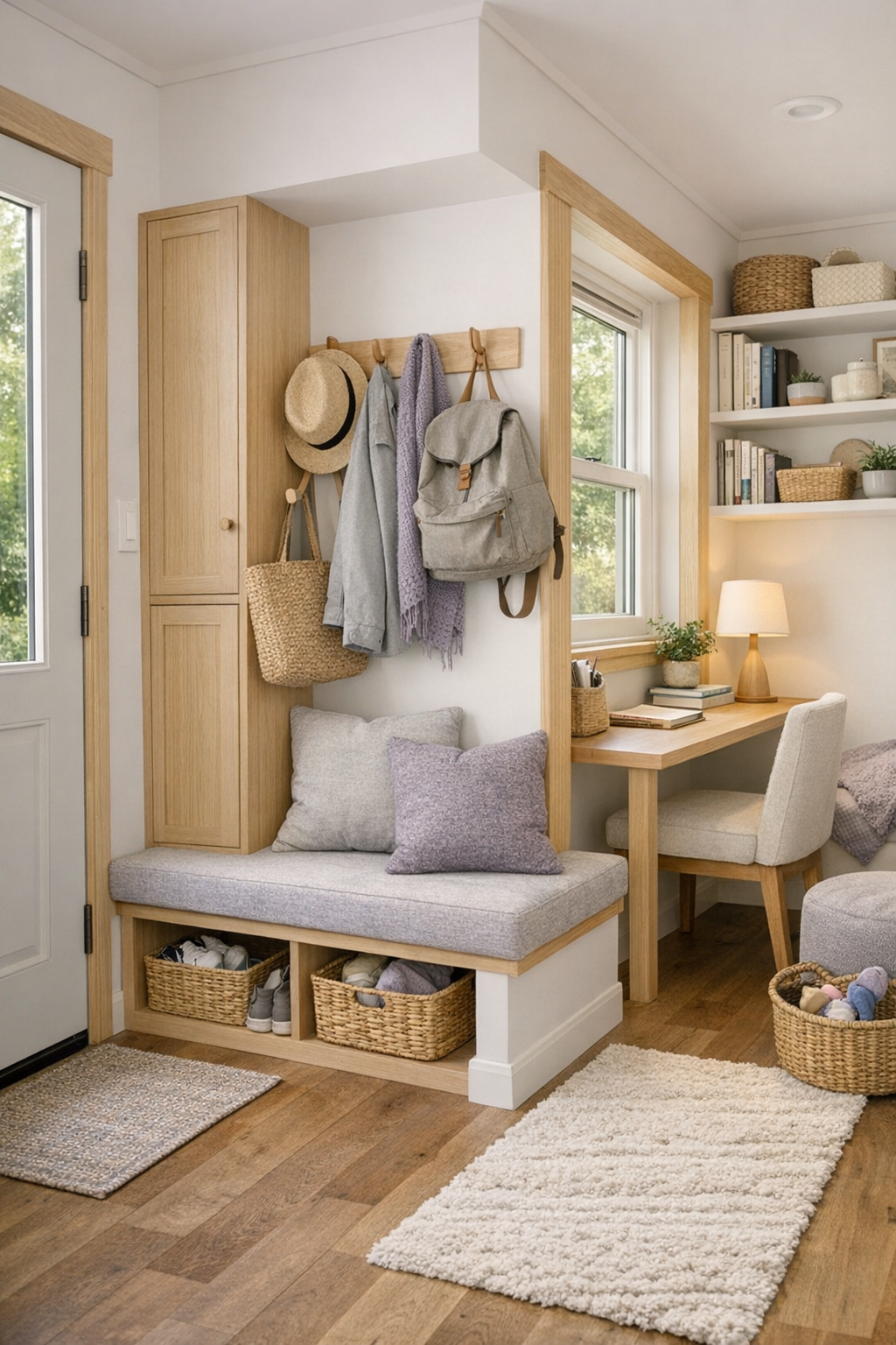 Entry and flexible nook with built-in storage in a soft heather tiny home