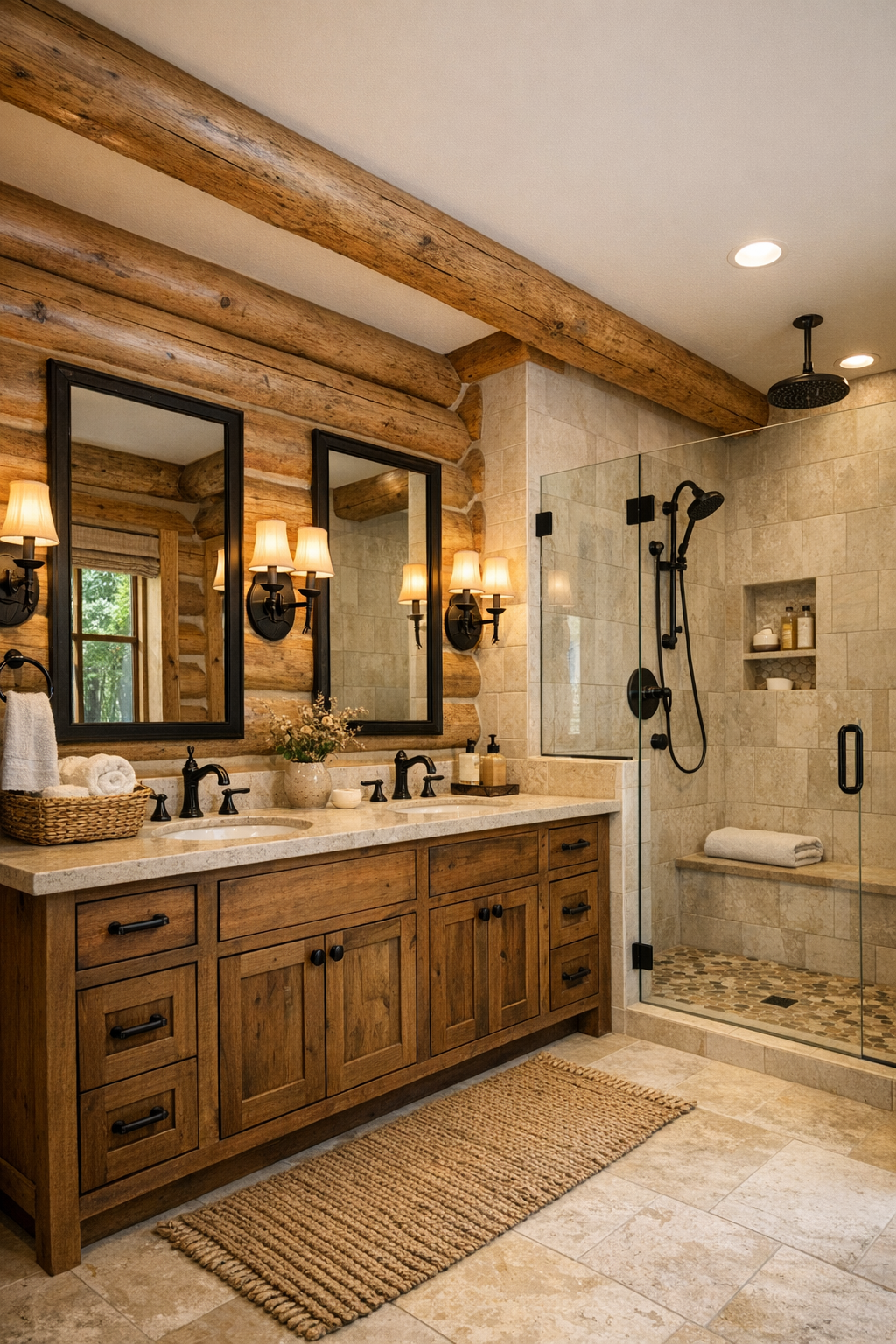 Rustic bathroom with a wood vanity, light stone surfaces, and a glass shower