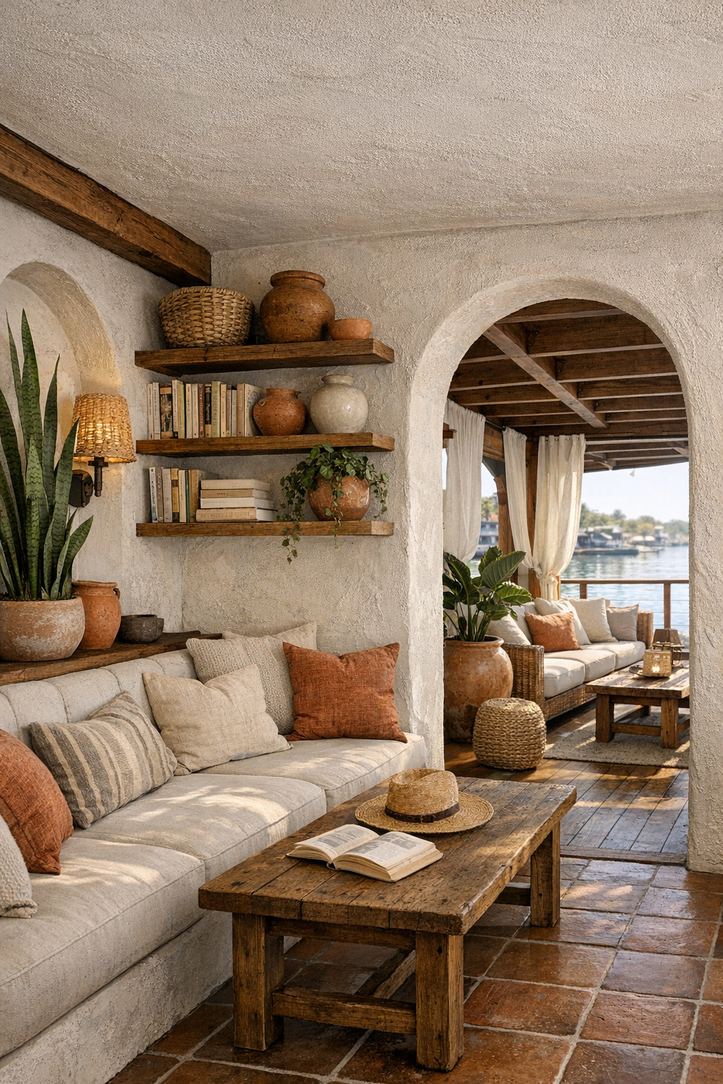 Reading nook and covered deck area with built-in seating and Mediterranean details