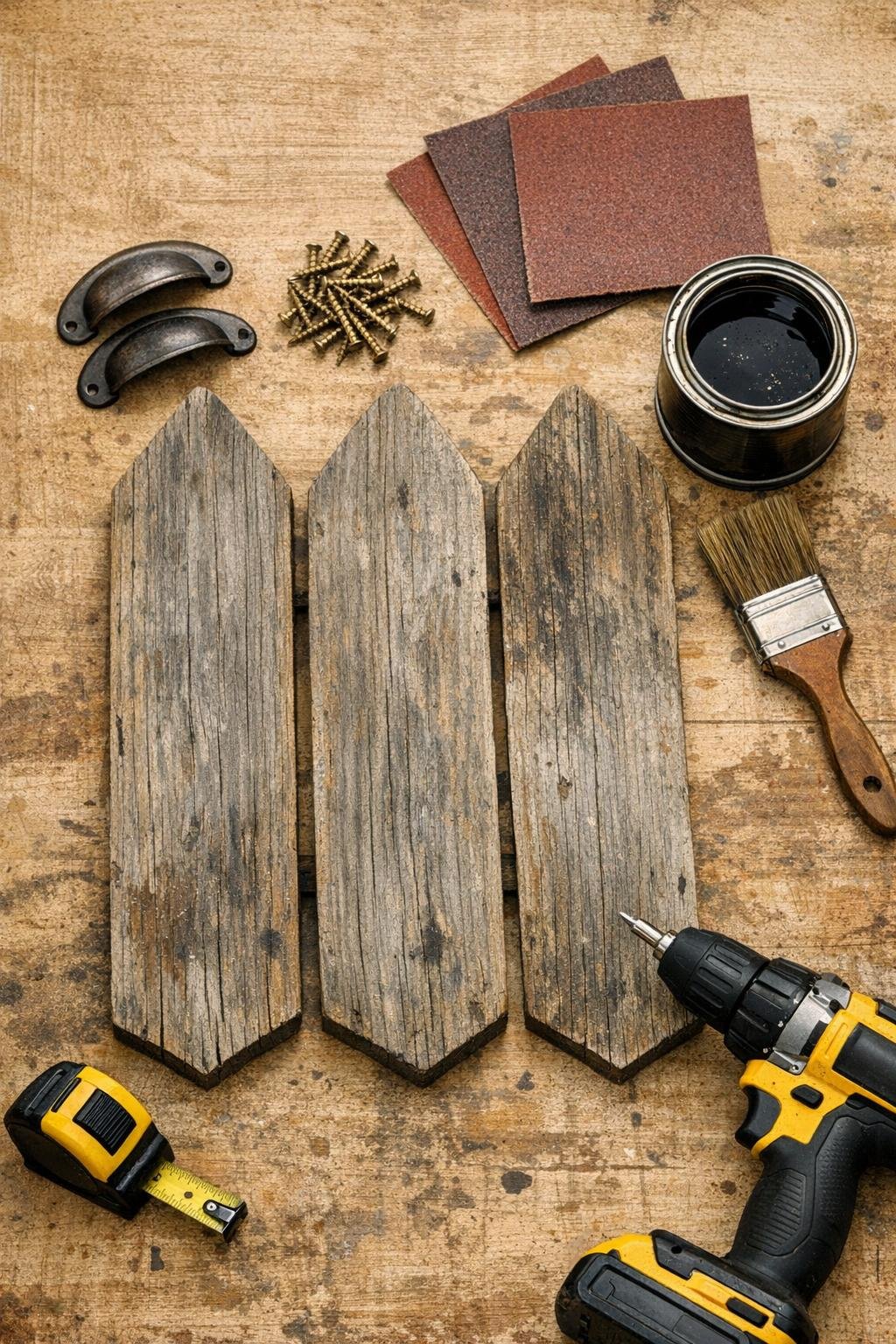 Old fence pickets, drawer pulls, screws, sandpaper, stain, and brushes laid out for the project