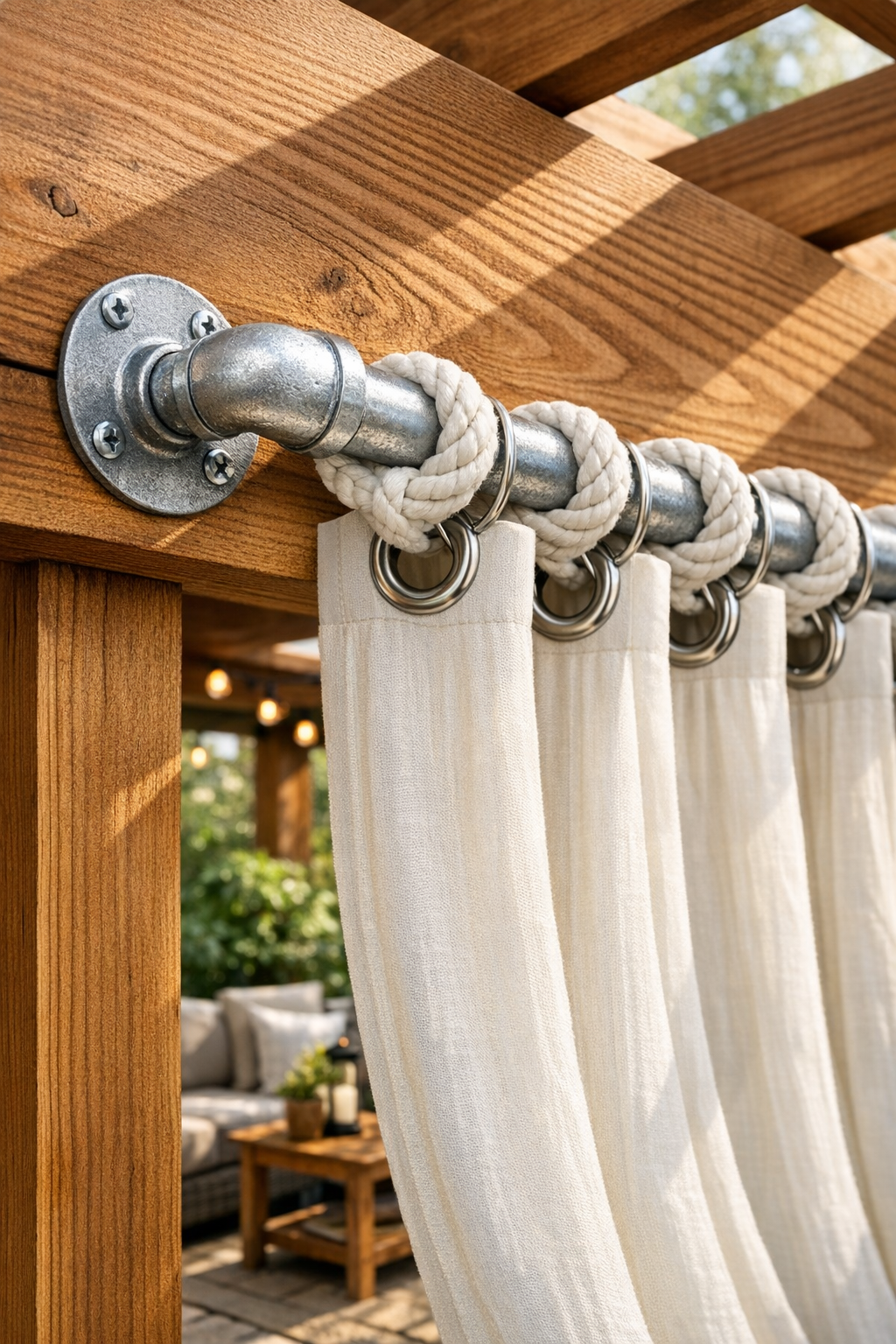 Finished outdoor curtain rod on pergola with white rope and curtains