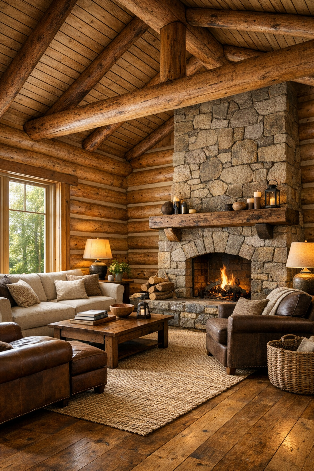 Warm log home living room with vaulted beams, stone fireplace, and soft neutral furniture