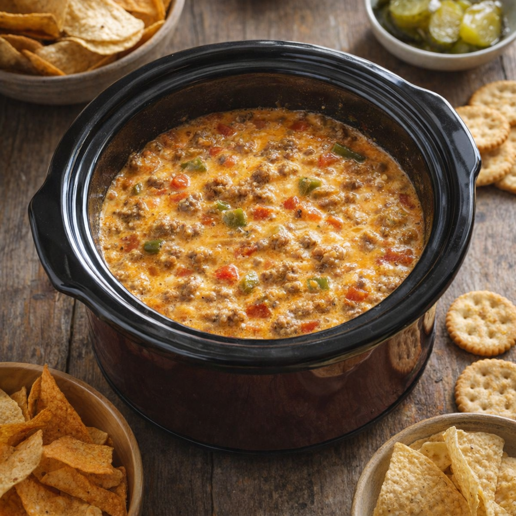 Slow cooker sausage dip on a farmhouse table