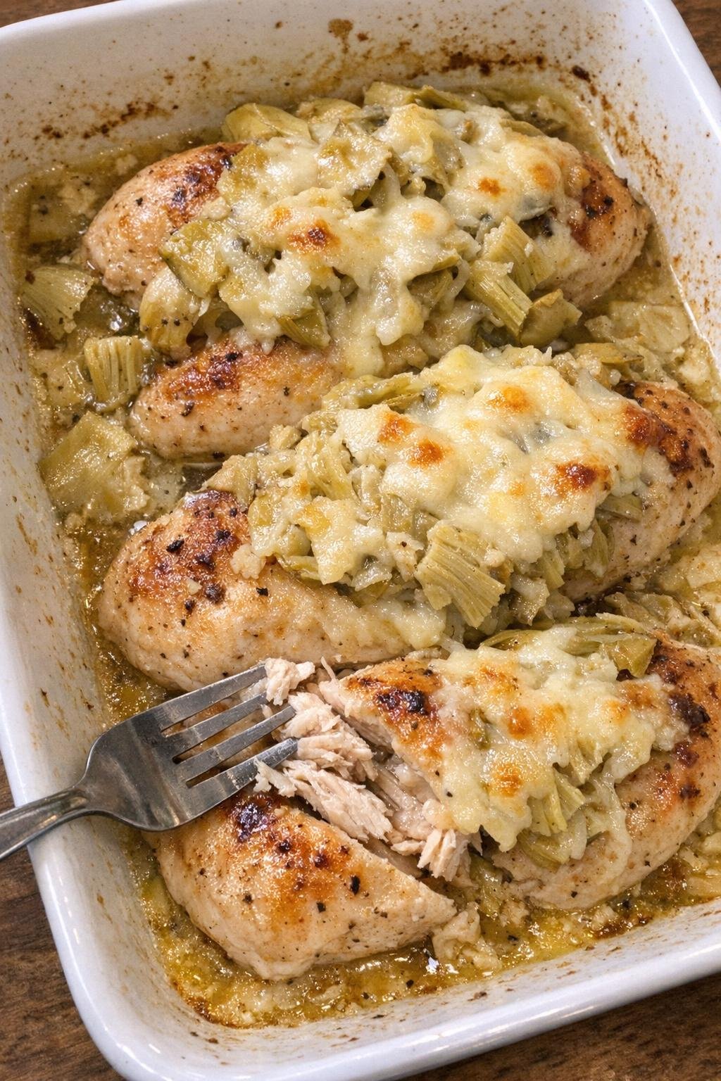 Golden baked chicken with artichokes and melted Swiss cheese in a white baking dish