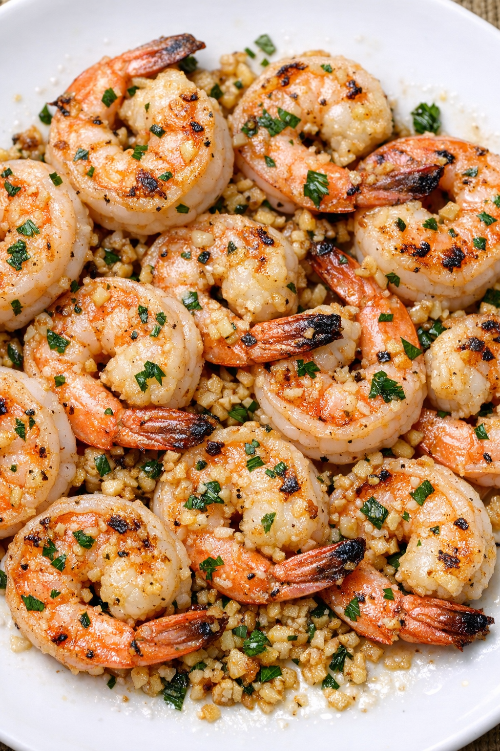 Garlic shrimp bites on a white plate