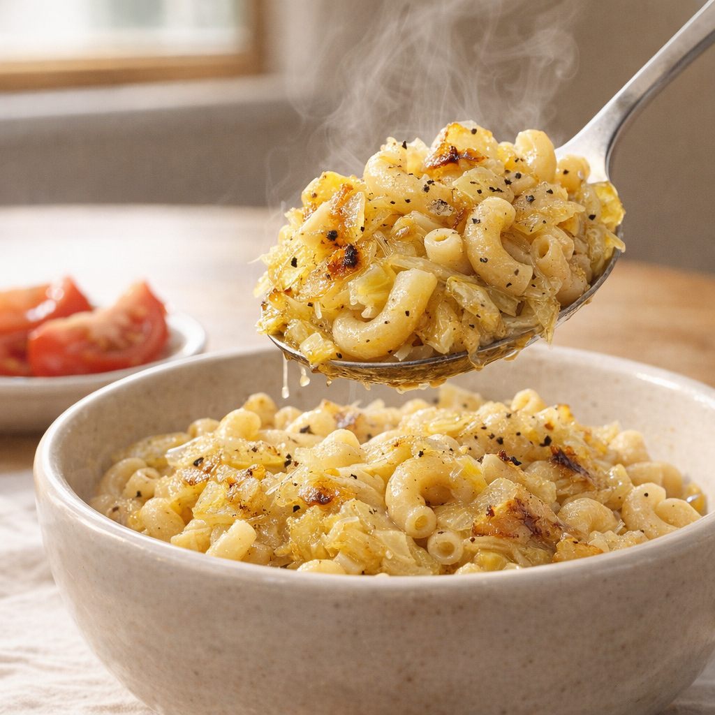 Freshly served cabbage and macaroni with black pepper
