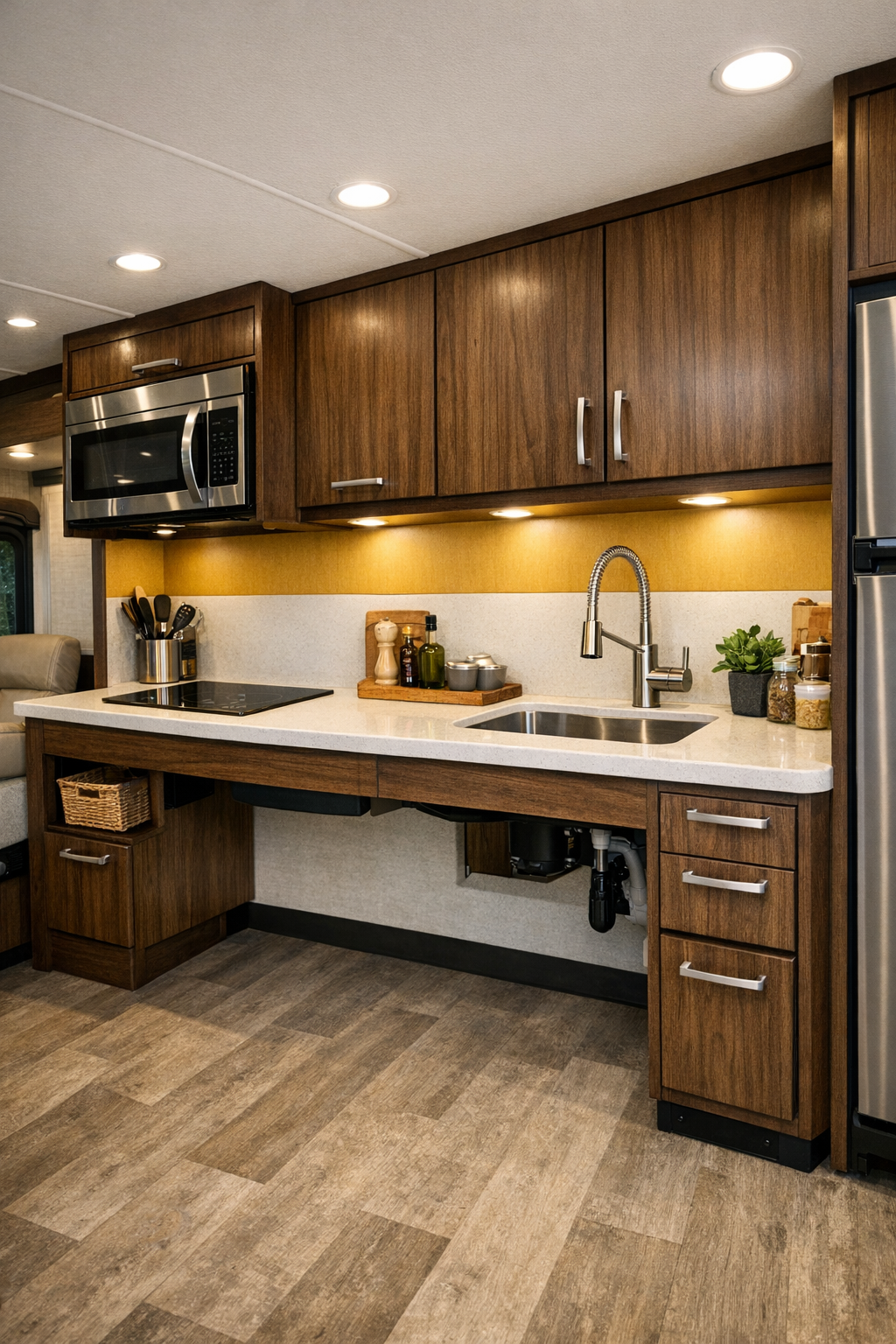 Compact RV kitchen with walnut cabinetry, pale counters, and accessible modern layout