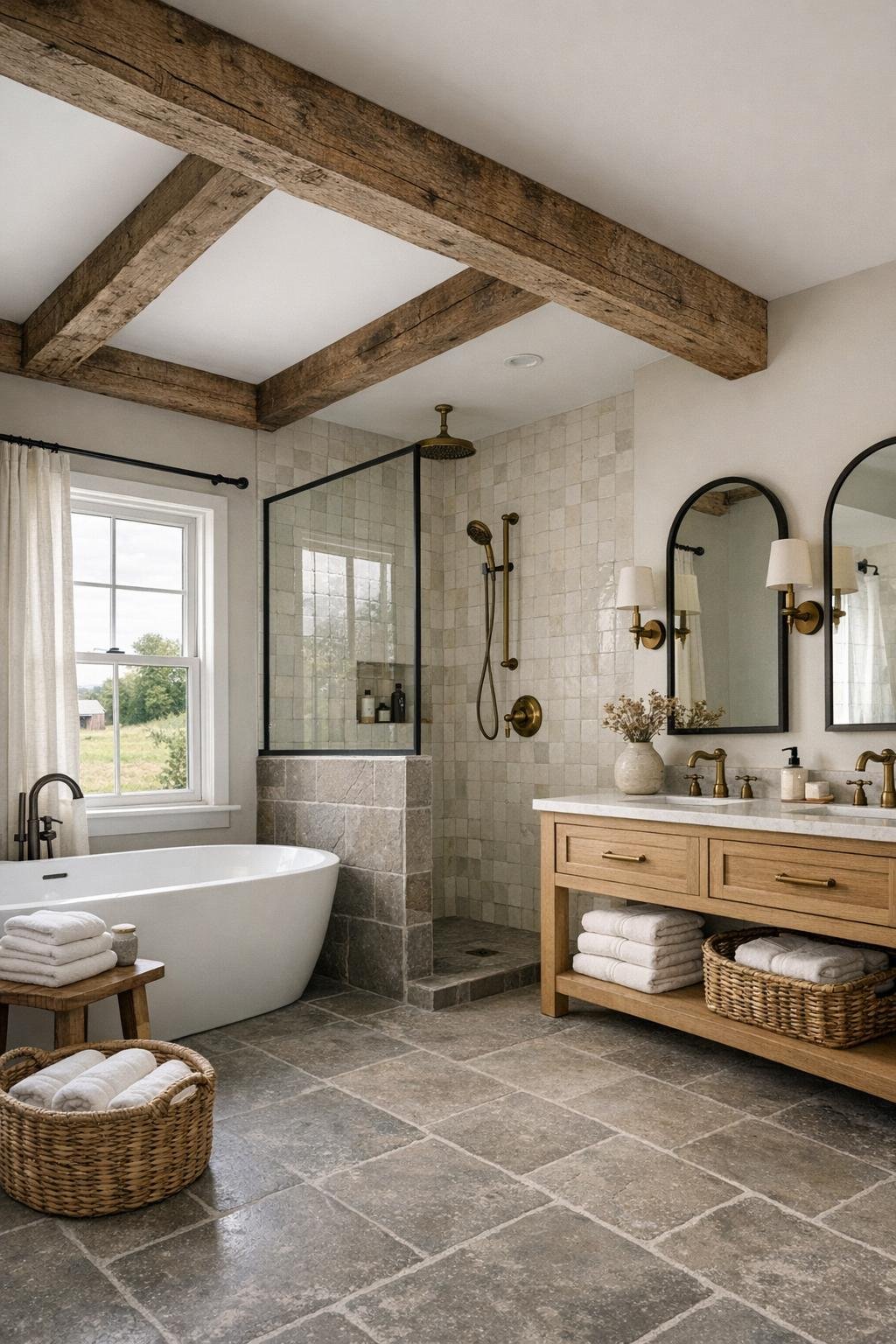 Farmhouse bathroom with a freestanding tub, handmade tile shower, and warm wood vanity