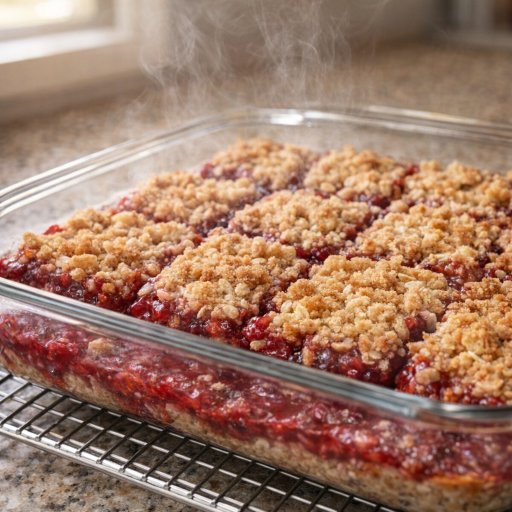 Freshly baked raspberry oat bars with bubbling jam at the edges