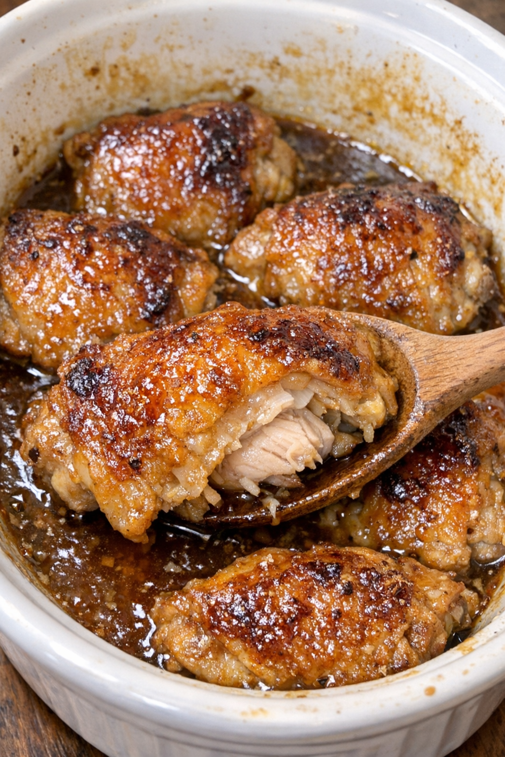 Golden brown chicken in amber glaze in a white casserole dish