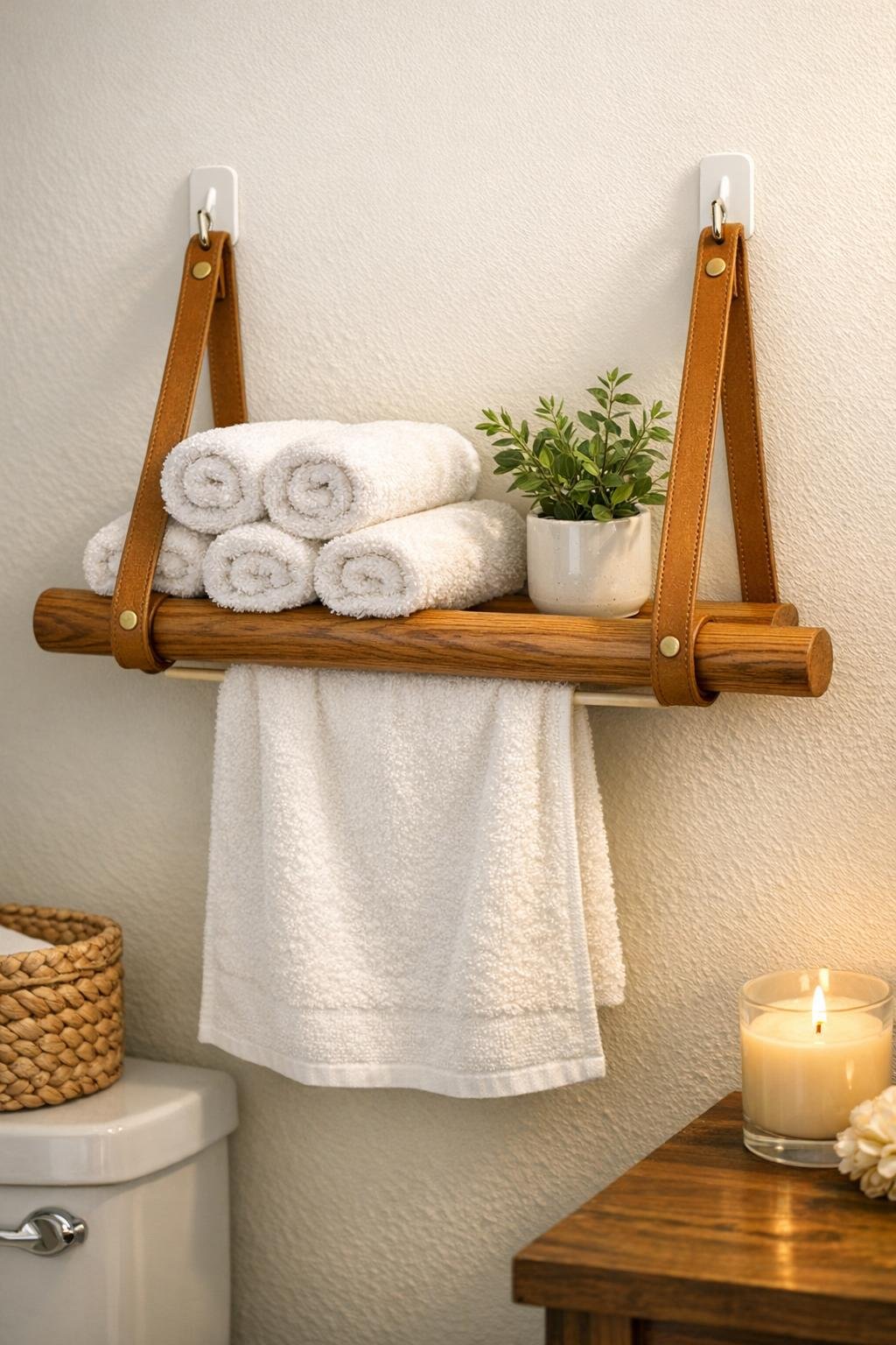 Finished hanging bathroom towel shelf made from an oak dowel and tan leather purse straps