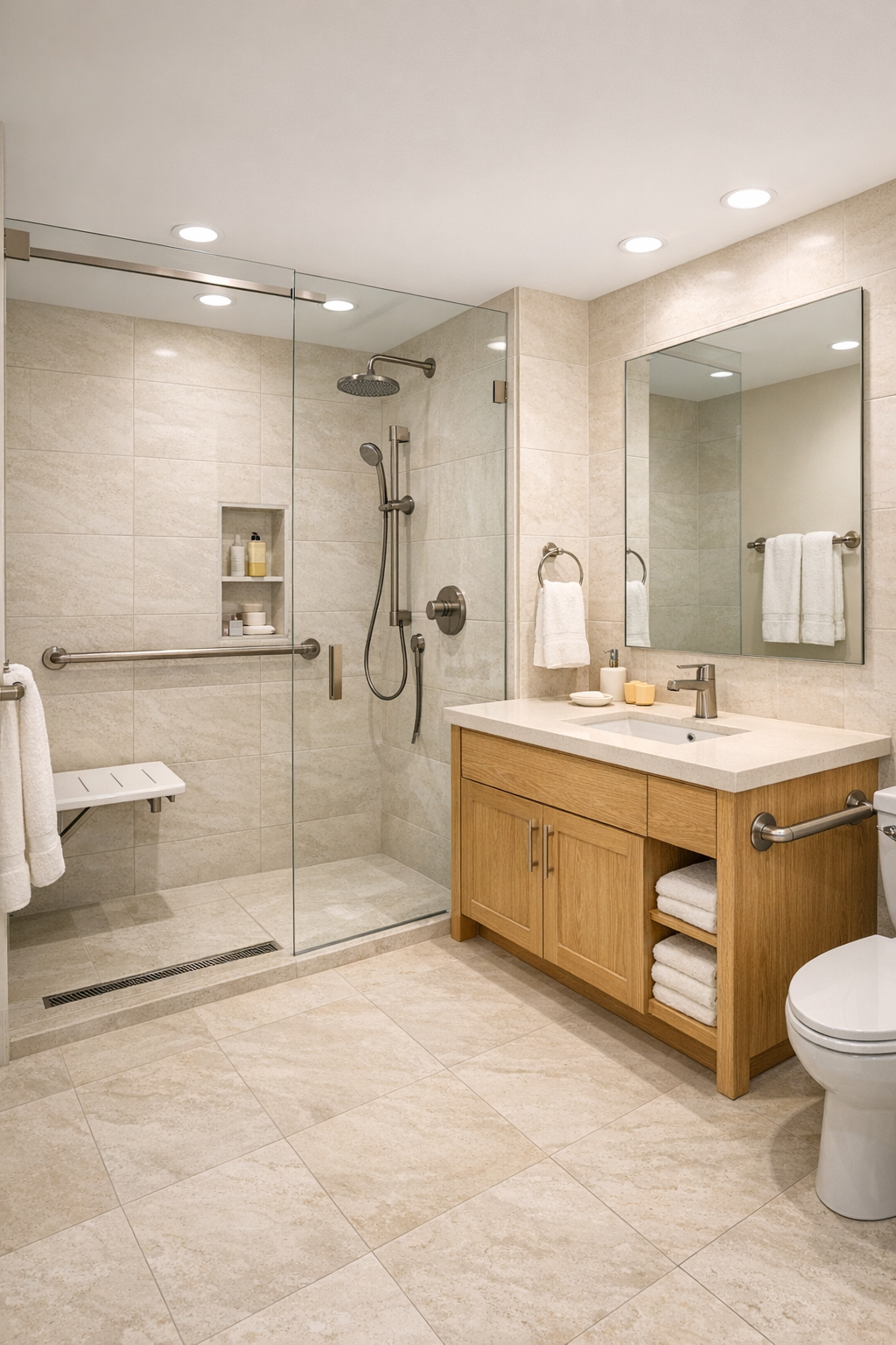 Serene bathroom with curbless shower and pale stone finishes