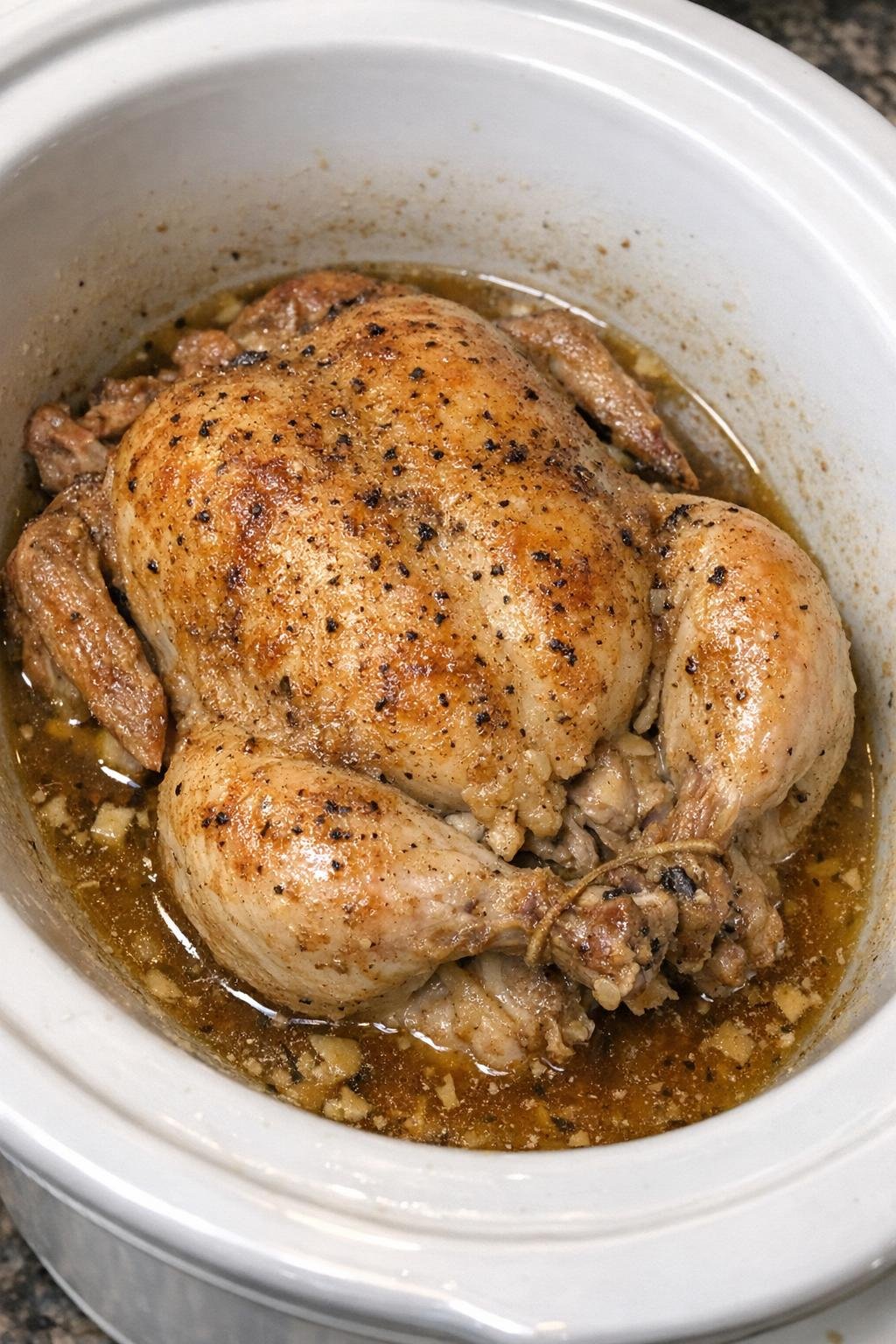 Slow cooker Amish whole chicken in a white slow cooker