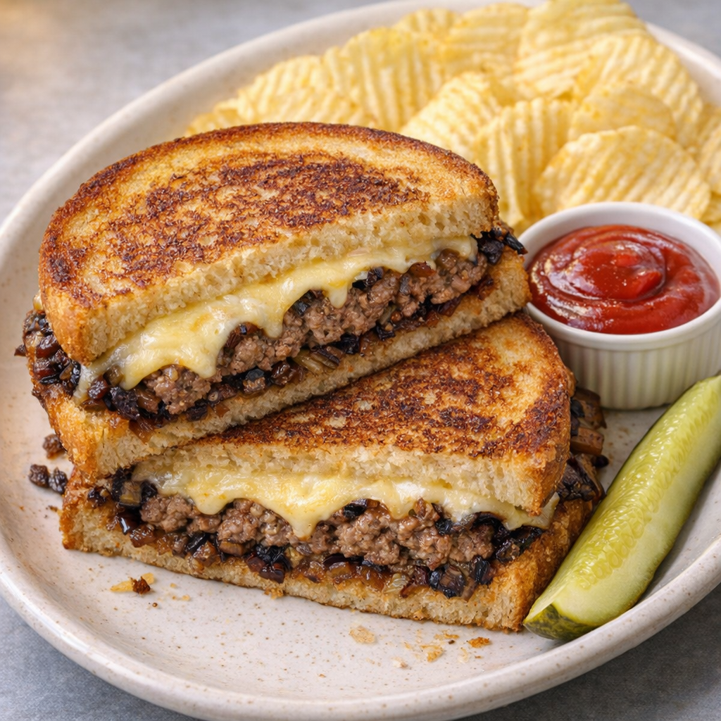 Patty melt plated with chips and pickle on a diner-style plate