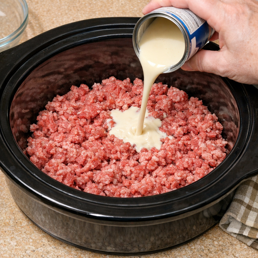 Raw ground beef spread in the bottom of a slow cooker