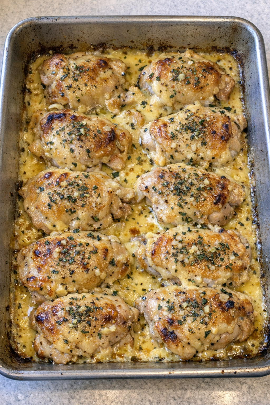 Baked chicken thighs in a metal baking pan