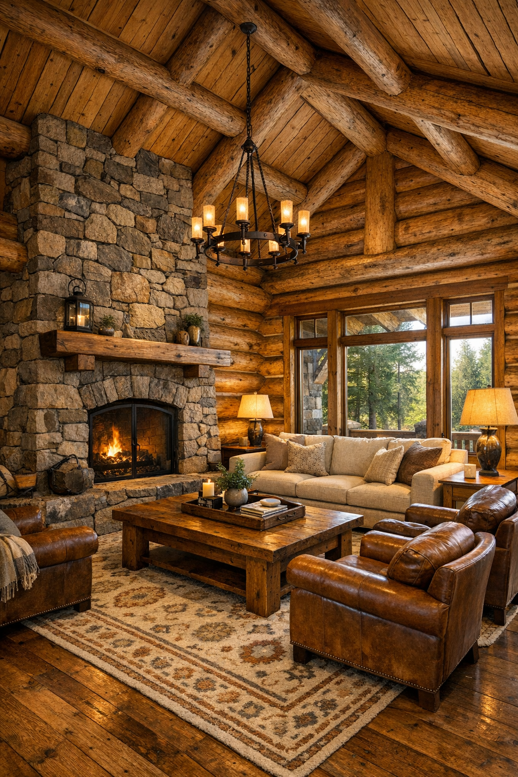 Living room with western larch log walls, stone fireplace, exposed beams, and warm linen and leather seating