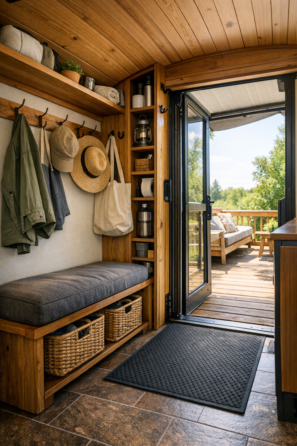 Entry and utility area in a converted bus with bench storage, shelves, and access to deck