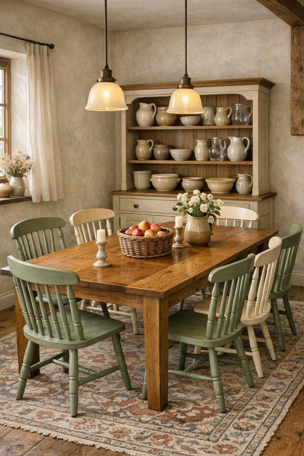 Cozy cottage dining room with an oak table, painted spindle chairs, and a warm pendant light