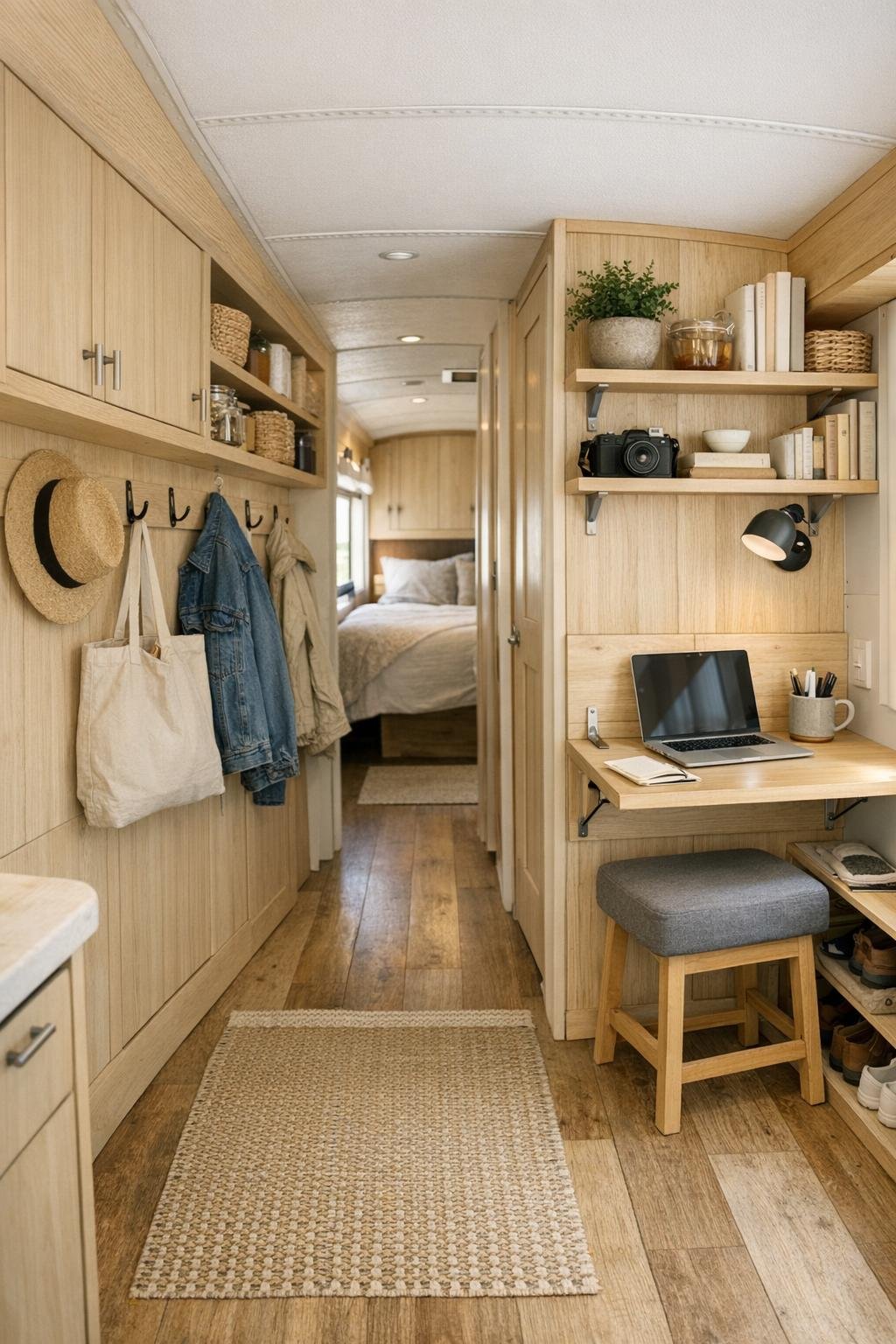 Smart storage and hallway details inside the bus with built-in cabinets, hooks, and a small desk