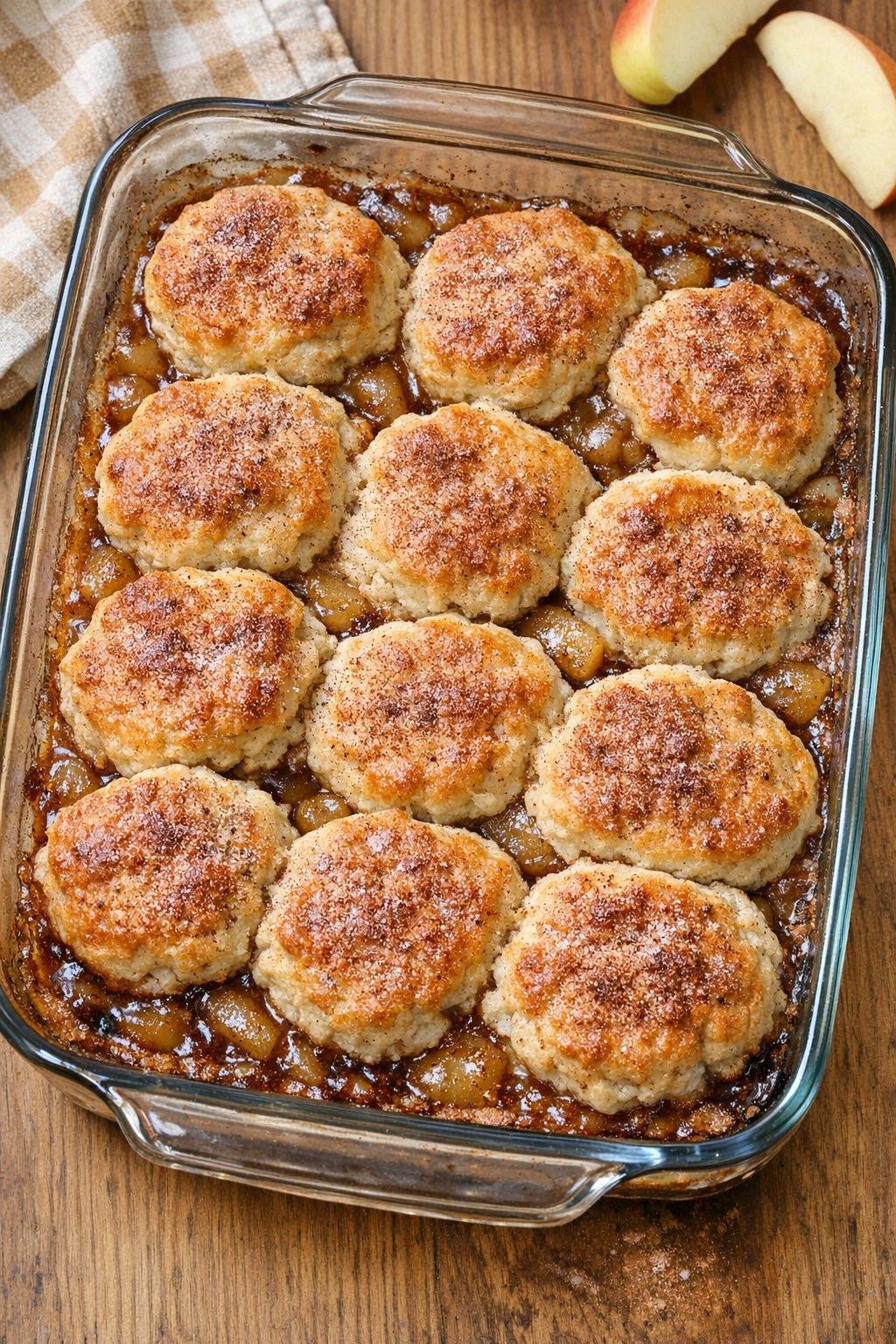 Finished biscuit apple bake in a glass casserole dish