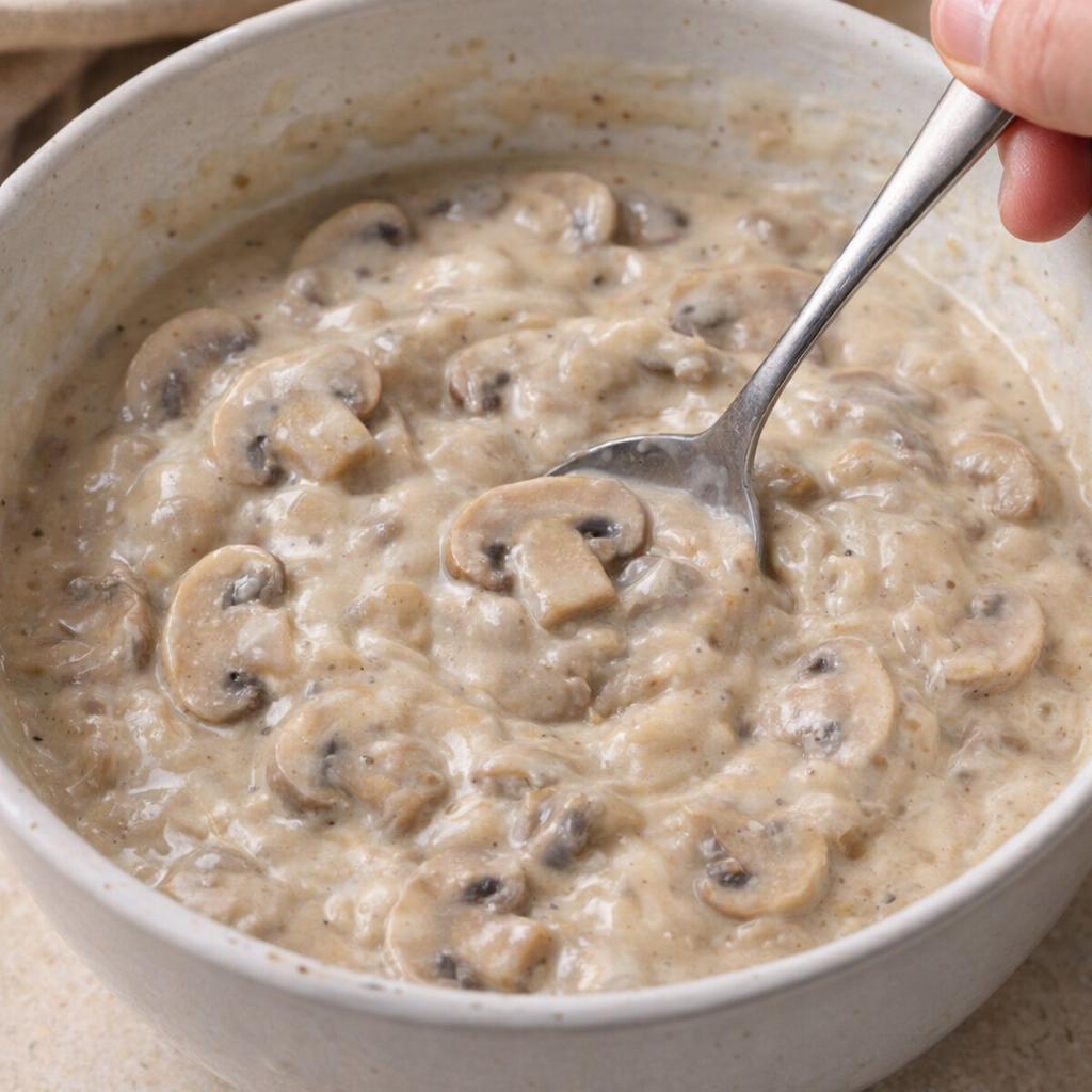 Thick mushroom gravy mixture in a mixing bowl