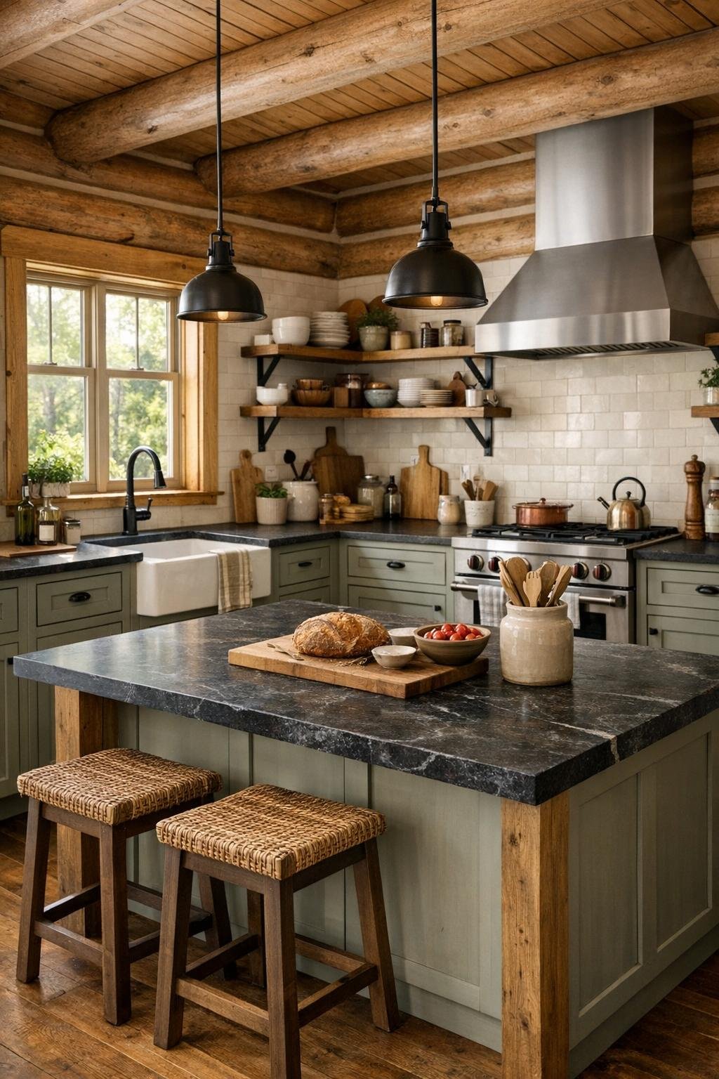 Kitchen with sage cabinetry, soapstone island, farmhouse sink, and open shelving