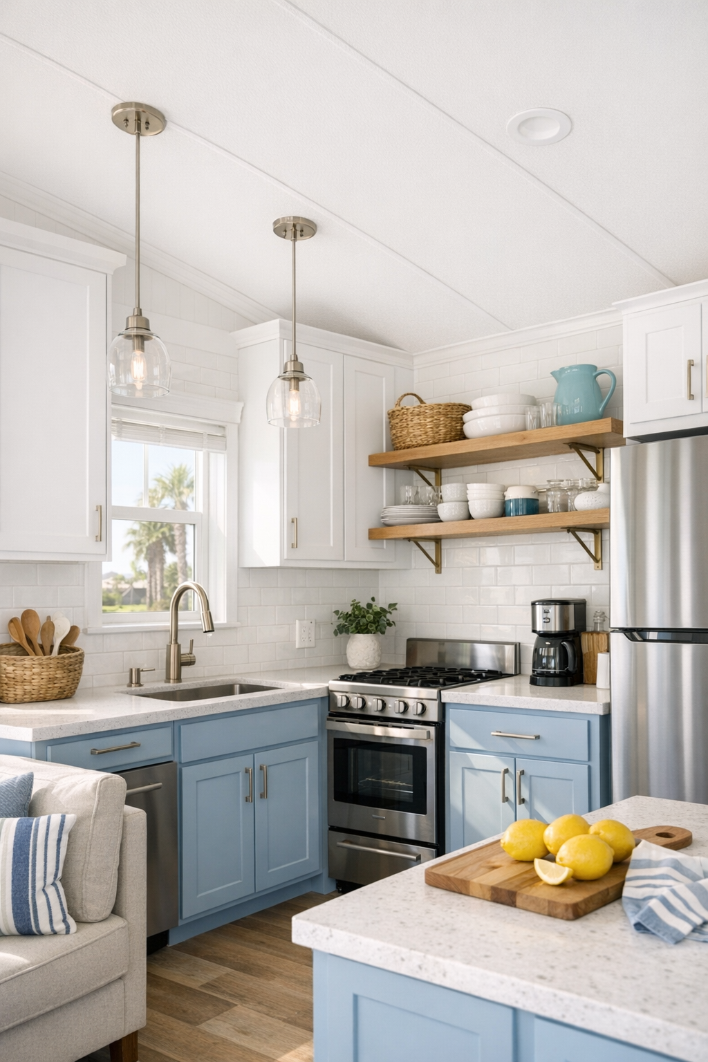 Coastal RV kitchen with white shaker cabinets and pale quartz counters