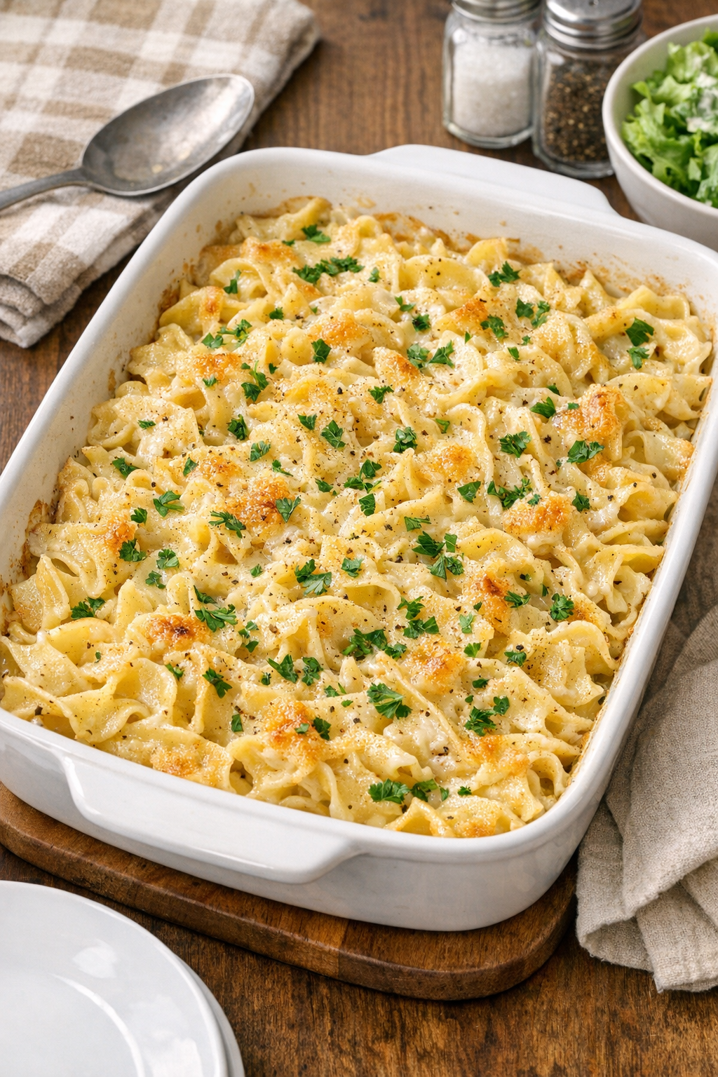 Finished creamy celery noodle casserole in a baking dish