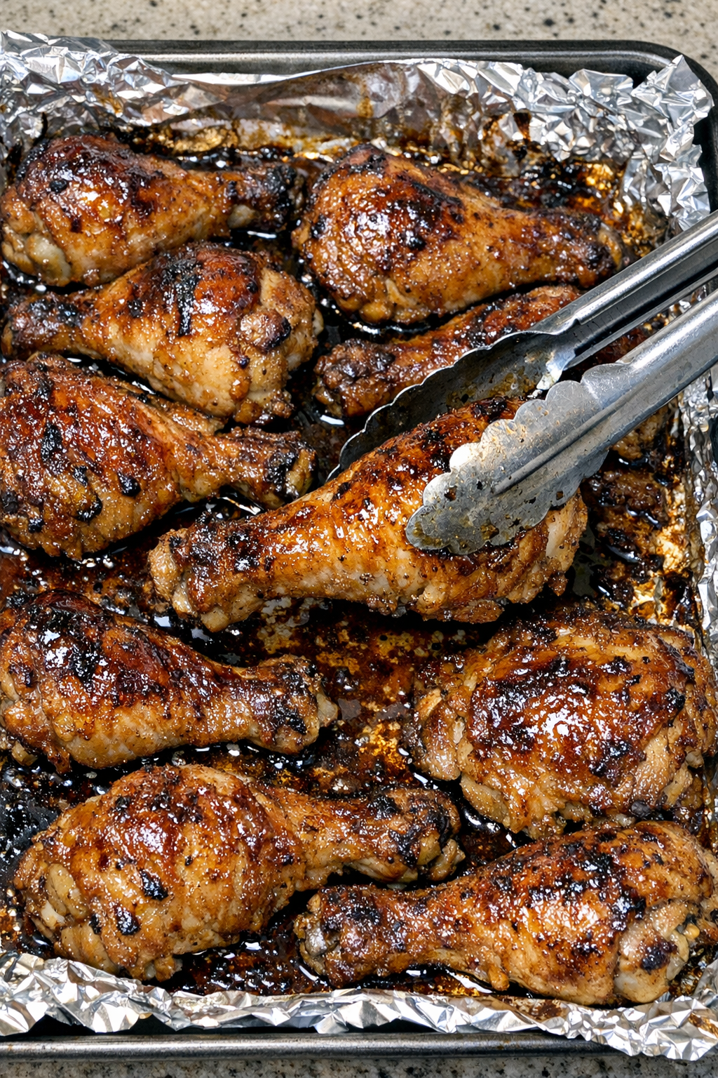 Caramelized chicken drumsticks and thighs in a foil-lined baking sheet