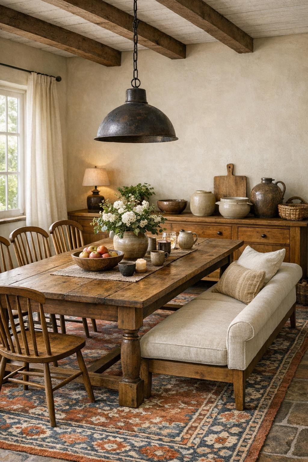 Warm cottage dining room with a farmhouse table, mixed seating, and soft layered finishes