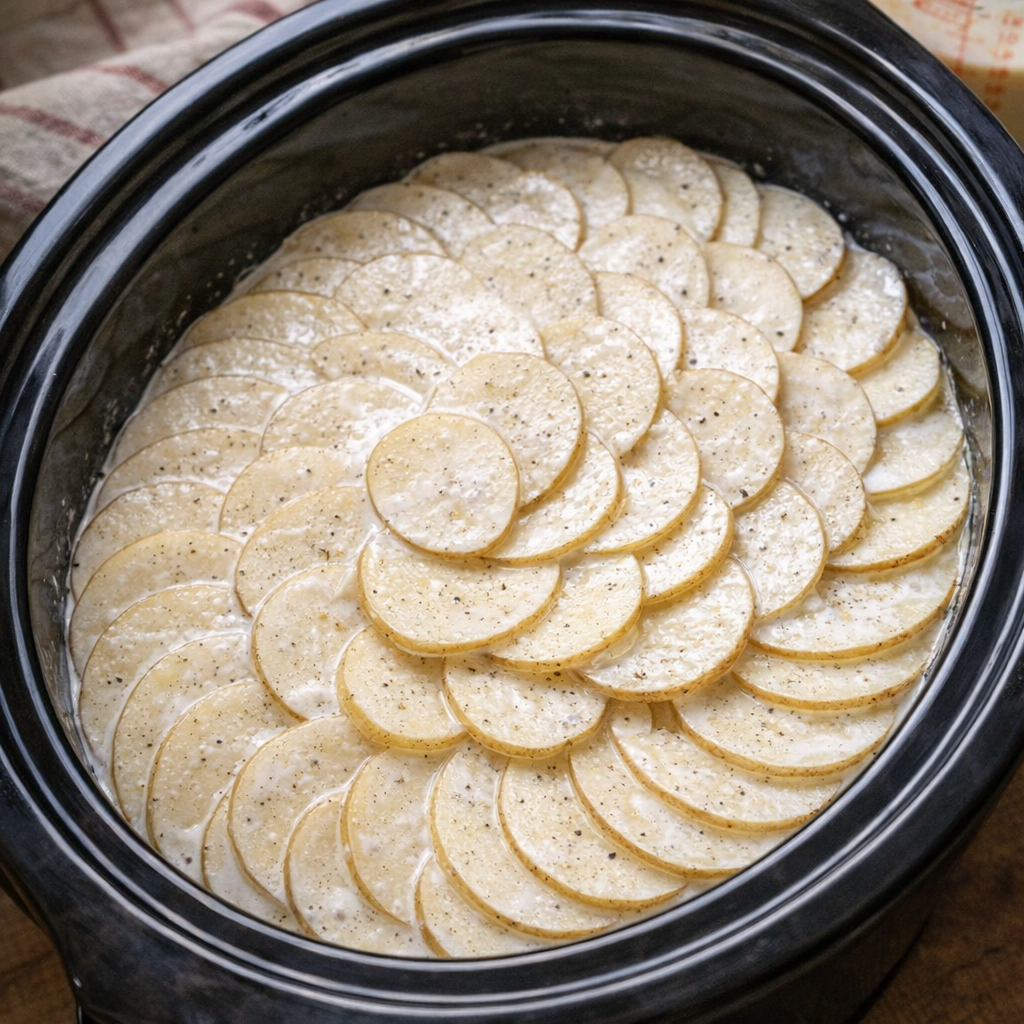 Layered potatoes arranged neatly in a slow cooker before cooking