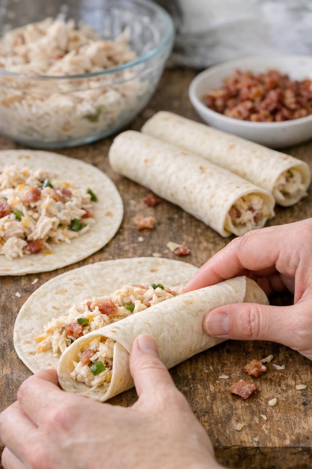 Taquitos gevuld met kip, spek en ranchdressing.