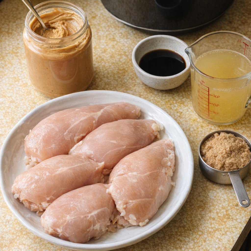 Slow cooker peanut butter chicken ingredients on a farmhouse counter